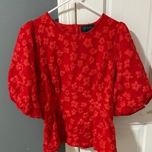 Gracia Red Puff Sleeve Floral Textured Blouse